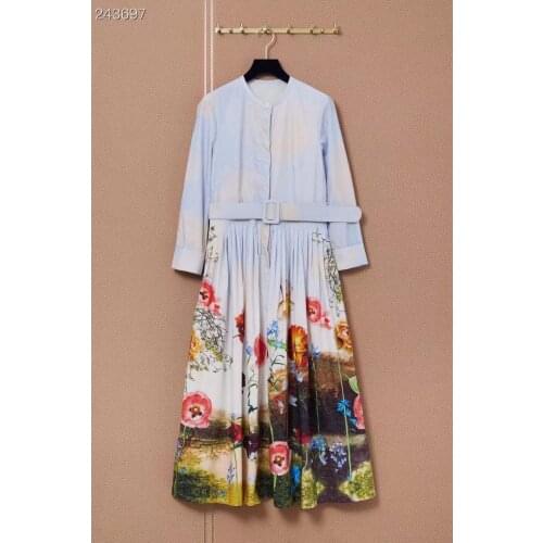 Dresses Women 2021 Runway Fashion Designer Elegant Casual Slim Long Sleeves Belt Pleated Party Floral Print Long Cotton Dress