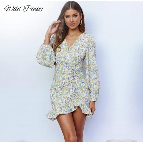 WildPinky Fashion New Ruffles Print Dress Women Elegant Full Sleeve High Waist Ladies Spring Autumn V-neck Floral Dress Vestidos