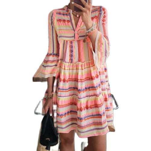 2021 European And American Summer New Ladies Dresses Hot-Selling Geometric Print V-Neck Skirt Multicolor