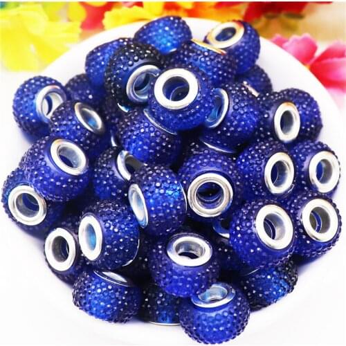 10Pcs Handmade Blue Bayberry Rhinestone Beads Big Hole Round Loose Murano Charms Fit Pandora Bracelet Women Hair Beads Jewelry