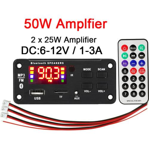 2*25W Amplifier MP3 Bluetooth Decoder 6-18V 50W Amplifier Car FM Radio Module Support TF USB AUX folder playback Decoding board