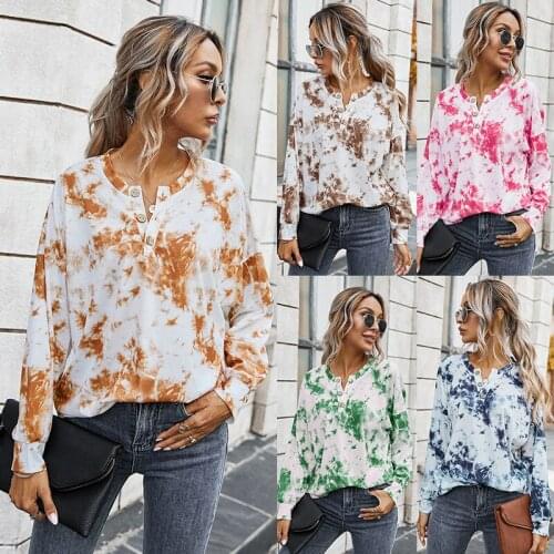 2020Fashion Women Autumn Winter Leopard Tie-dye T-shirt Lantern Long Sleeve Button Round Neck pullover Top Loose Casual Clothing