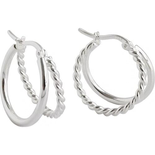 Authentic 925 Sterling silver Double Rows Twisted &Polished earrings layered Geometric Hoop Huggie Earrings jEWELRY TLE871