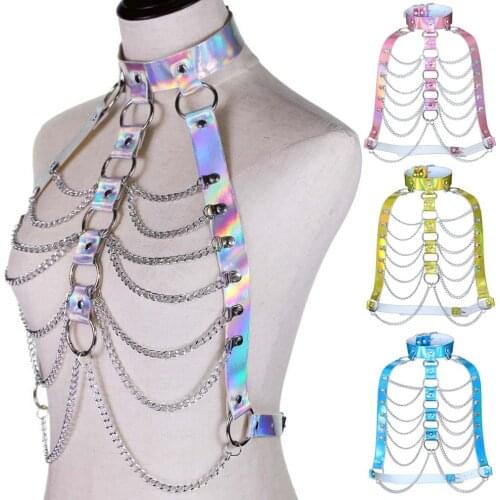 Glitter Laser Fetish Babydolls Lingerie Chain Harness Metal Bra Harness Belts Stripper Outfit Exotic Apparel for Women BDSM