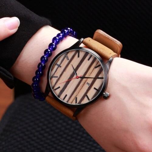 Top Fashion Wooden Watch For Men Vintage Quartz Watches Calendar clock Leather Wood Watches for Male relogio masculino