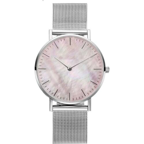 TDIYJ KEEPER Mesh Pink Shell Dial Watch Stainless Steel Mesh Bracelet Choose 4 to 6Pcs Slide Charms