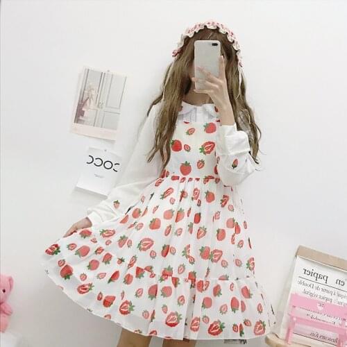 Strawberry Sweet Womens Lolita JSK Dress + White Peter Pan Collar Long Sleeve Shirt Sleeveless Suspender Dress One Piece