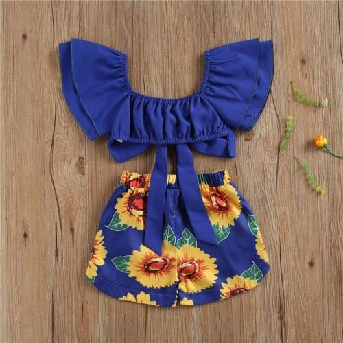 Girls Clothing Set Bowknot Cropped Tops and Sunflower Print Shorts Two-piece Suit for Birthday Party Vacation