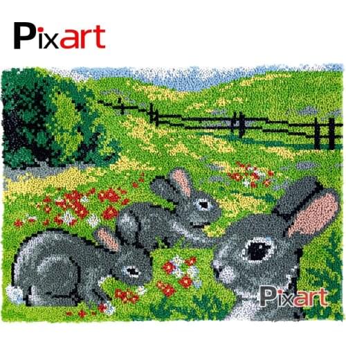 Latch Hook Rug Three Rabbits Crocheting Tapestry Kits DIY Carpet Rug Chunky Yarn Needlework Knitted Floor Mat Hobby & Crafts