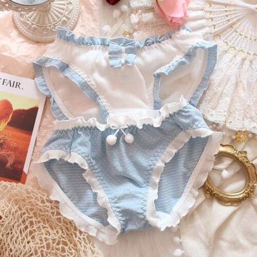 Small Fresh Teen Girls' Underwear Japanese Sweet Lovely Lolita Blue White Ruffle Bow Middle Waist Cotton Briefs Students Panties