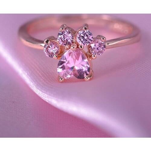 Cute Cartoon Cats Paw Crystal Engagement Design Ring For Women Zircon Cubic Elegant Ring Female Wedding Jewelry