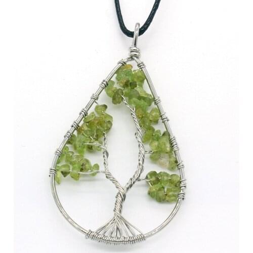 Trendy-beads Popular Silver Plated Natural Olivine Stone Pendant Water Drop Necklace Charm Jewelry