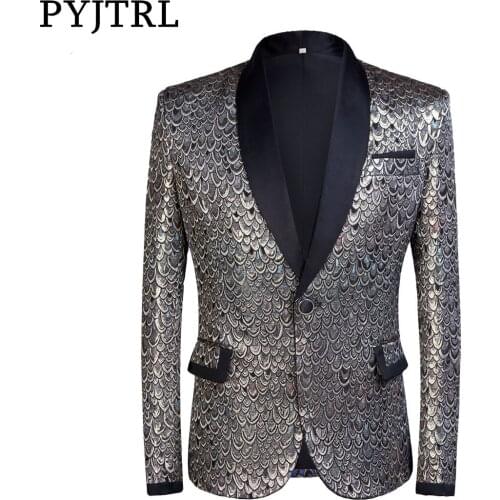 PYJTRL Male Shawl Lapel Gold Silver Jacquard Scale Pattern Slim Fit Blazer Hombre Suit Jacket Men Wedding Groom Singers Costume