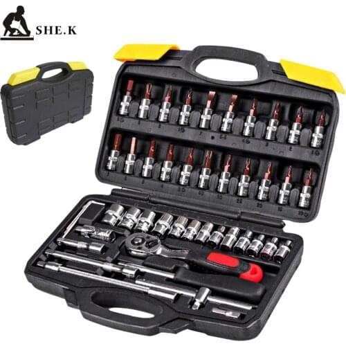 SHE.K 46pcs Household Tool Set Hand Tools With Plastic Toolbox Storage Case For Car Repair 1/4 Ratchet Spanner Wrench Socket Set