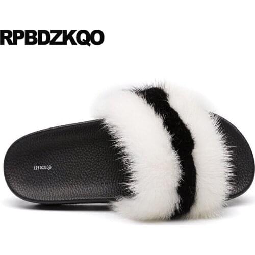 Luxury Fur Women Shoes 2018 Spring Black And White Slides Wide Fit Flat Fluffy Slip On Sandals Slippers Designer Ladies Furry