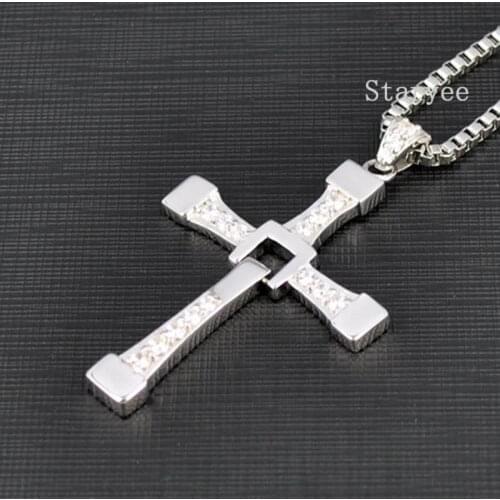 Real S925 Sterling Sliver Jewelry Fast And Furious 8 Dominic Toretto Vin Diesel Men Women Cross Pendant Necklace Free Engraving
