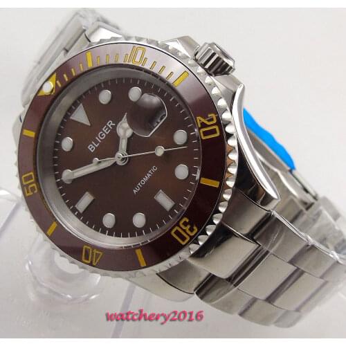 New 40mm Bliger Brown Dial Date window Sapphire Glass Blrown ceramic bezel Luminous Hands Automatic Mechanical mens Watch
