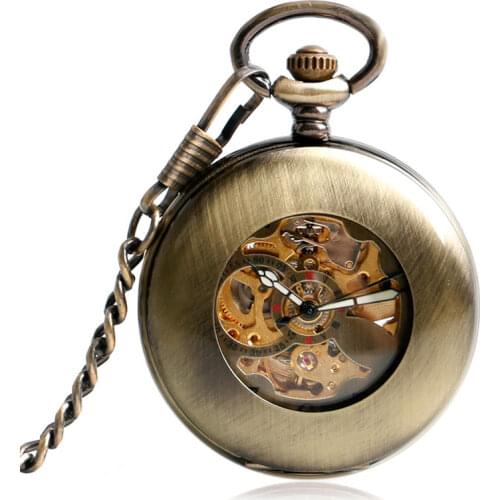 New Retro Bronze Smooth Hollow Case Skeleton Dial Self-wind Mechanical Pocket Watches Vintage Steampunk Fob Watch with Chain