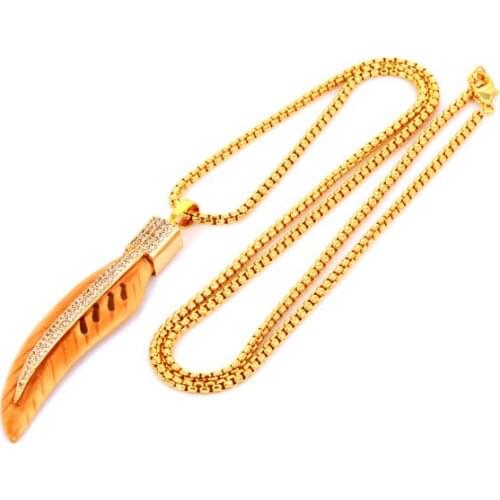 New Amazing Long Feather Bone Pendant Unique Design Hematite Bead Necklace With CZ Micro Pave Pendant Jewelry