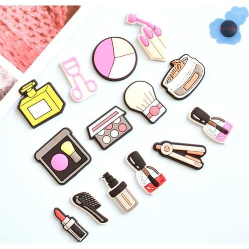 Wholesale 50PCS Mix Cosmetic Eye shadow Girls Favorite Shoes Clog PVC Shoes Decorations For Kids Cute Shoe Charms Party Gifts