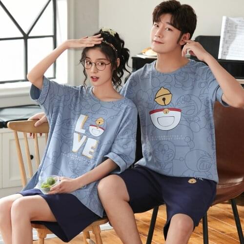 Couple pajamas Sets Women Men Cartoon Cotton Cat Short Sleeve Two-piece Pajamas Homewear Sleepwear Loose Pijamas 2Pcs