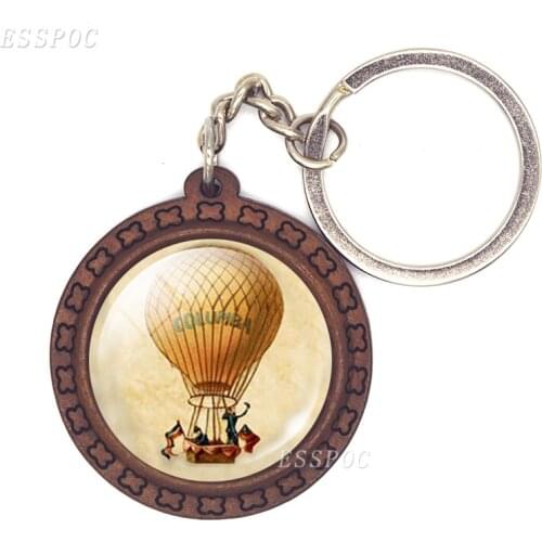 Hot Air Balloon Keychain Keyring Glass Cabochon Pendant Retro Wood Key Chain Air Balloon Art Jewelry Christmas Gift