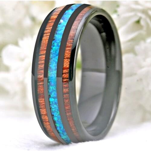 Handmade Black Tungsten Wedding Ring with Hawaii Koa Wood and Opal Stone Domed Black Tungsten for Men Women Anniversary ring