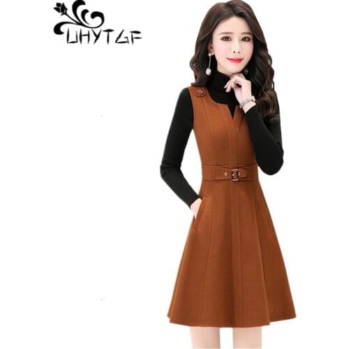 UHYTGF Woolen dress women long-sleeved pullover slim Inside sweater+dress suit Female casual autumn winter 2 piece set women 749