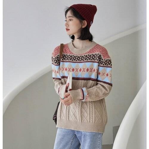 Student retro literary round neck knitted pullover sweater women autumn clothes new loose sweater trend