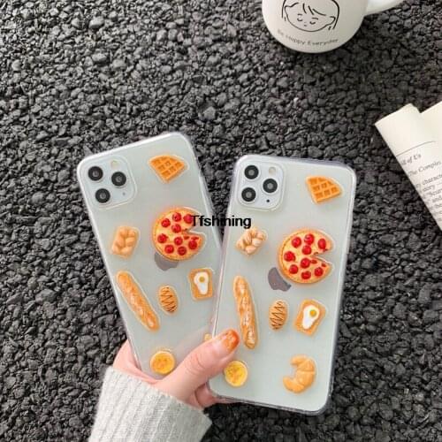 Funny 3D Cute Food Pizza Bread Epoxy Phone Case For iPhone 11Pro Max XS XR XS Max 6 8 7 Plus SE 2020 Clear Silicone Cover Coque
