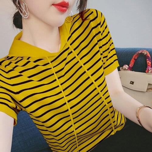 2021 Summer Hooded Striped Pullovers Woman Sweater Knitted Short Sleeve Top Femme Casual Elasticity Women Clothing Korean Style