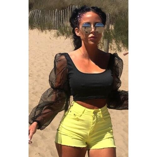 Women Cropped Tops Sheer Tee Casual Mesh Puff Sleeve Blouse Slim Fit