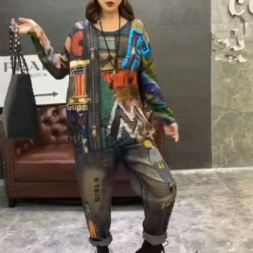 2020 autumn two piece set women embroidery jeans+casual knitting T-shirt suit oversize 2 piece set high quality