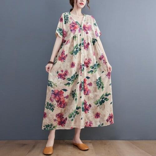 2021 New Arrival Thin Soft Cotton Linen Loose Summer Dress Single Breasted Print Floral Vintage Dress Women Travel Casual Dress