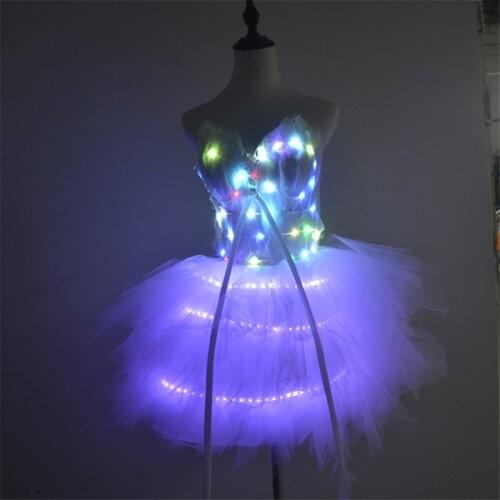 P37 Women ballroom dance led light dress colorful skirt luminous glowing feather evening short dress stage costume RGB outfits