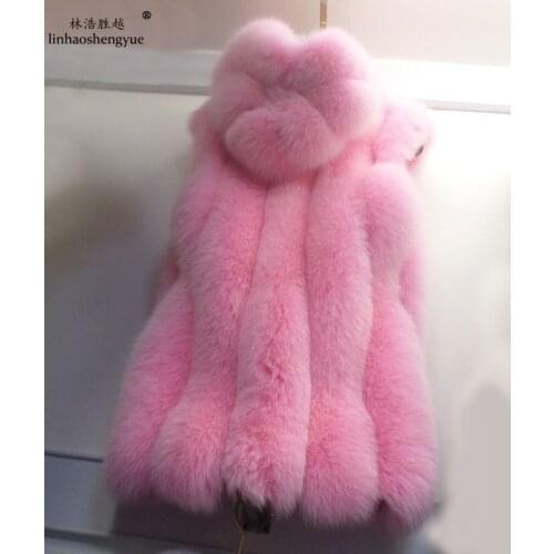 Linhaoshengyue The Real Natural Fox Fur Vest with Hood Real Women Fox Fur Vest