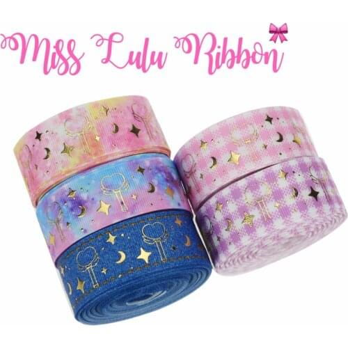 1"25mm Princess Magic Wand Star Gold Foil Check Printed Grosgrain Ribbon Denim Like Hair Bowknots Making 50yards/roll