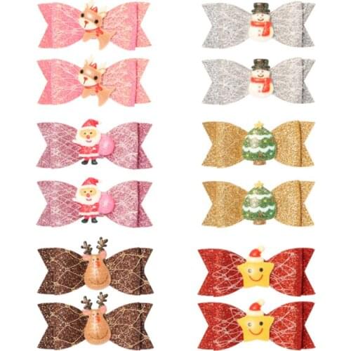 10pcs/Lot Christmas Girls Hair Clips Glitter Snowman Bow Hairpin Sequined Children Headdress Barrettes Kids Hair Accessories