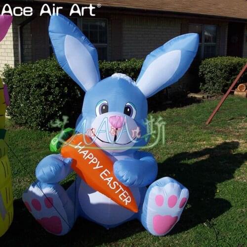 2.5m Outdoor happy Easter inflatable rabbit decoration sitting blue color inflatable Easter bunny with Carrot
