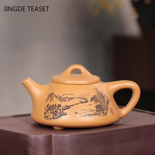 Authentic Yixing Stone scoop Tea pot Purple Clay Teapot Landscape carving Tea ceremony kettle Handmade Teaware Tie Guanyin 220ml