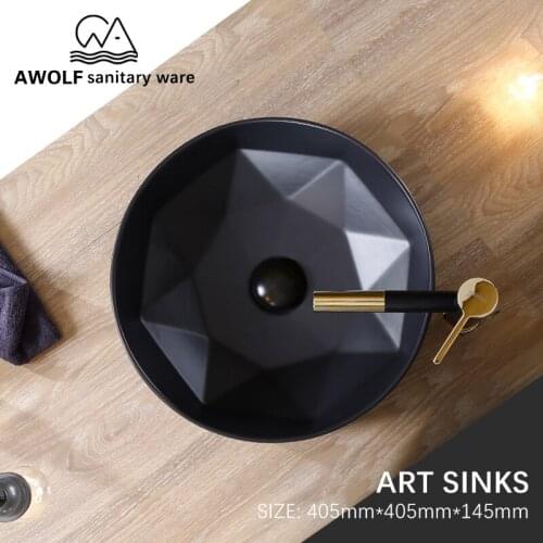 Art Bathroom Sinks Matte Black Ceramic Vessel Round Washing Basin Bowl Above Counter Modern Lavatary Sink For Balcony Use AM902