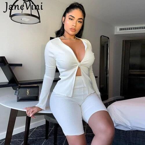 JaneVini 2021 Sexy Women Two Piece Sets Double Zipper Top+Shorts Solid Female Rib Knitted Long Sleeve Matching Set Outfits White