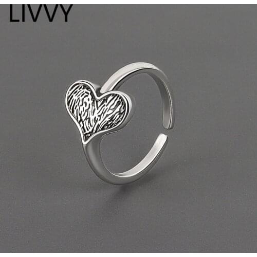LIVVY Silver Color Love Heart Ring Female Unique Design Fashion Light Luxury Exquisite Retro Couple Adjustable Jewelry