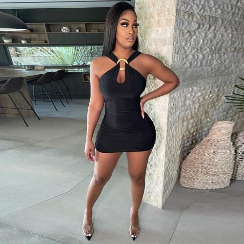 Red/black/blue Womens Round Buckle Sheath Dress Sexy Off The Shoulder Sleeveless Mini Dress Elegant Backless Pleated Vestidos