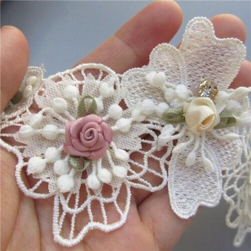 10x Colorful Flowers Rhinestones Lace Trim Embroidered Apricot Lace Ribbon Fabric Sewing Craft DIY Garment Sewing Accessories