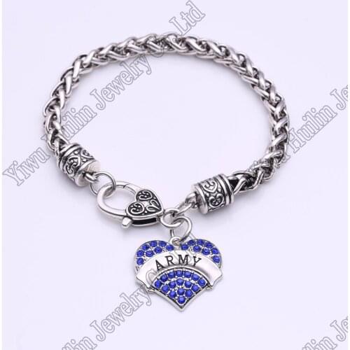 ARMY Heart Wheat link Bracelet Crystal Hearts Metal Soldier Bracelets