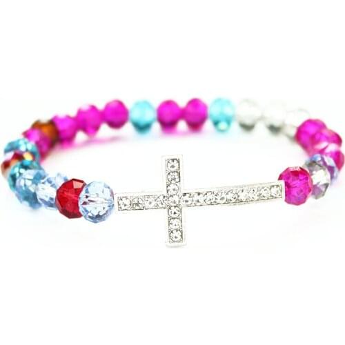 Fashion 2018 Crystal Cross Bracelet Jewelry Women Glass Crystal Beaded Bracelets Charm Bangle Religious Catholic Jewelry