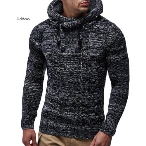Mens Knit Hooded Sweaters Solid Color New Fashion O-Neck Long Sleeve Slim Fit Pullover Tops Autumn Winter Plus Size