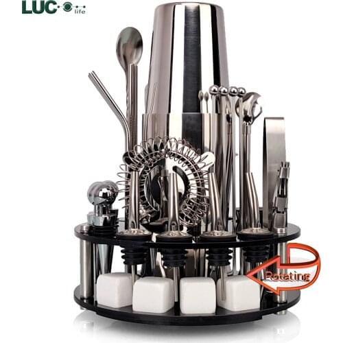 Bartender Kit 34-Piece Boston Cocktail Shaker Set Whirl Hexagon Bracket Suit for Mixed Drinks Martini Bar Tools Stainless Steel