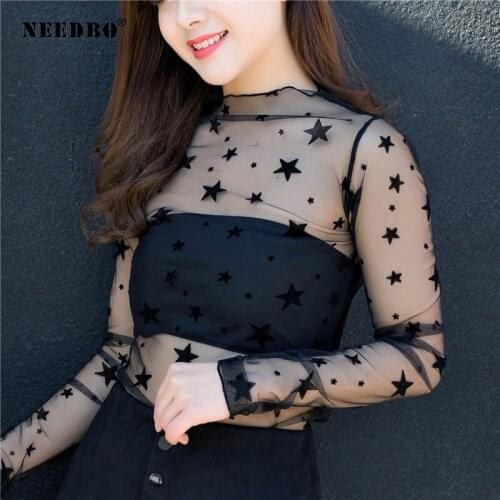 NEEDBO Sexy Harajuku Mesh Top Women Stars Women Tshirt 2020 Lace T Shirt Women Oversize Long Shirt Black Transparent Clubwear